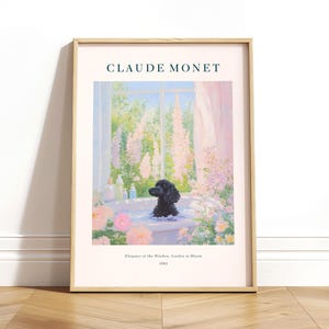 Stampa bagno francese, Barboncino nero nella vasca da bagno, Dipinto di Monet, Poster estetico, Arte murale floreale, Stampa murale estetica viola, Stampa di cane