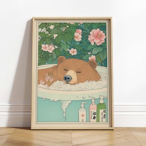 Orso bruno in una vasca da bagno, poster giapponese per il bagno, arte murale relax, arte murale giapponese, stampa minimalista estetica, decorazione Japandi neutra