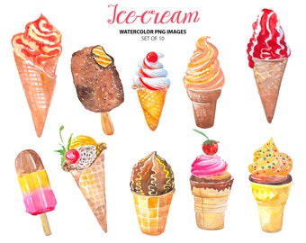 Ice cream clipart - Watercolor food clip art - Sweets clipart