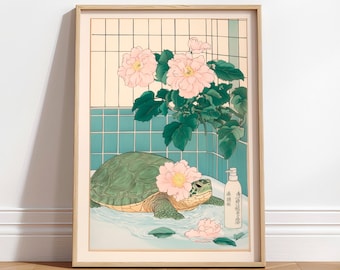 Sea Turtle Bathroom Print: Japanese Ukiyo-e Style Floral Art