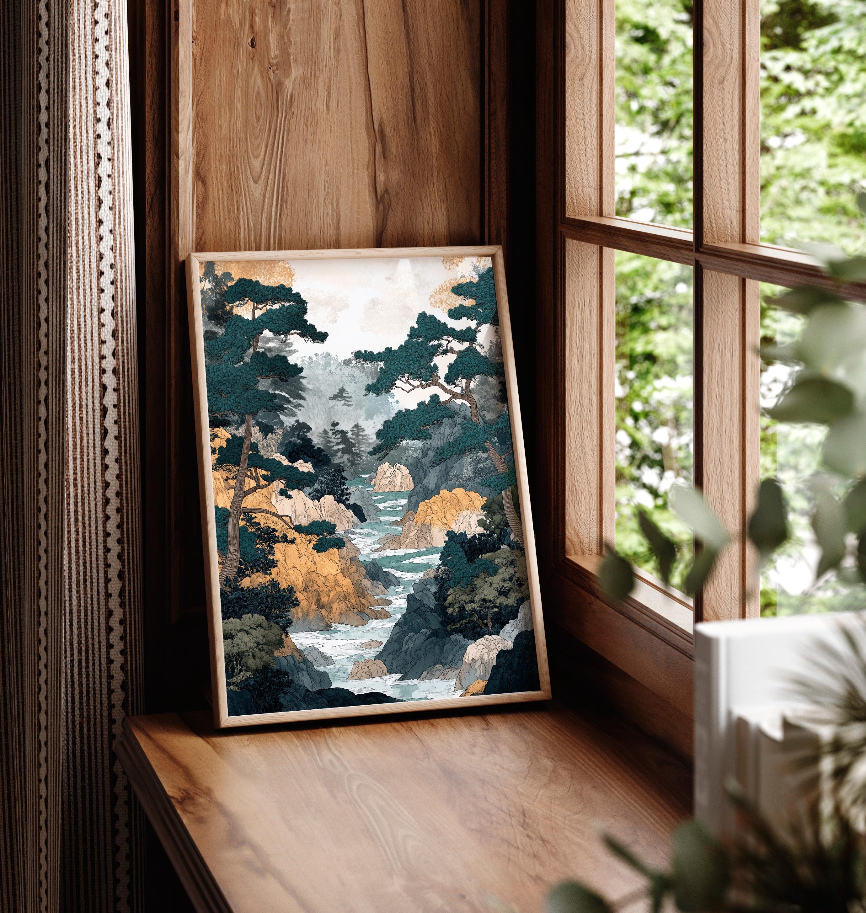 日本の森と川の版画：浮世絵風の風景画 - Etsy 日本