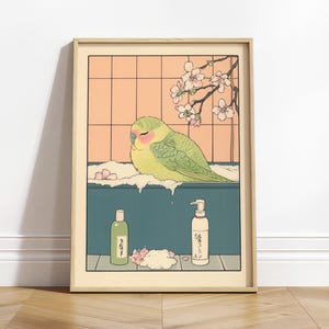 Periquito en la bañera, arte de pared de baño japonés, impresión divertida de pájaro, póster de Japón, decoración minimalista neutra, arte Japandi