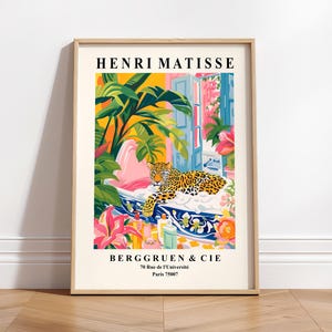 Impresión de baño, arte de pared de leopardo, impresión de arte maximalista de Henri Matisse, decoración de baño tropical rosa, arte animal