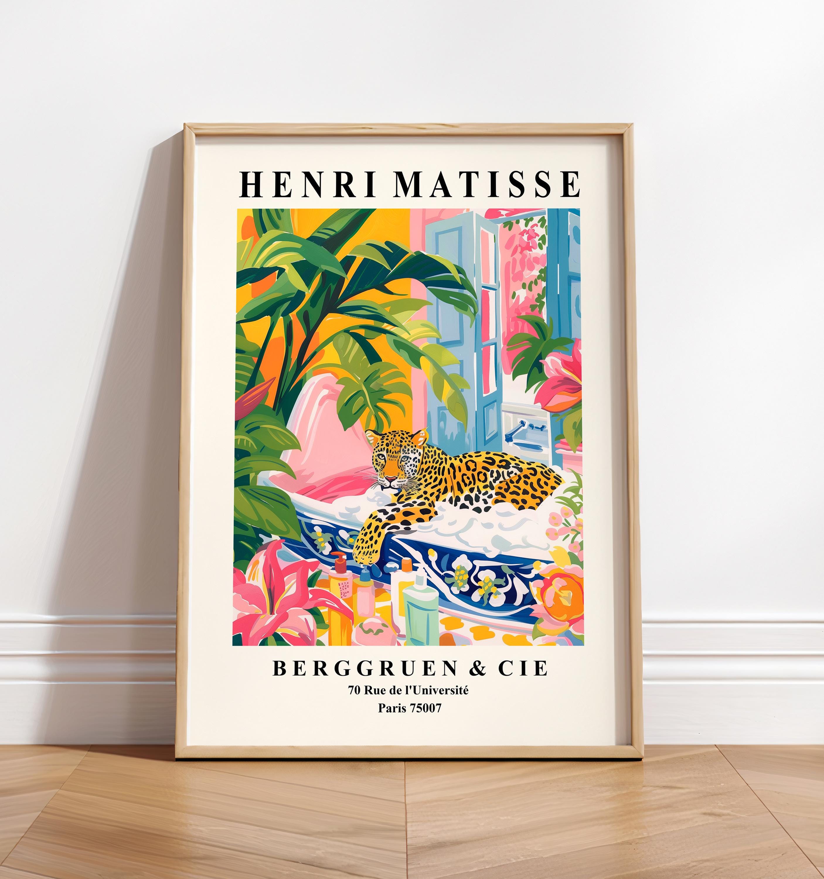 Leopard in Bathtub Art Print: Henri Matisse Style Bathroom Wall