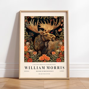 Lámina de alce de William Morris, decoración cottagecore oscura, arte mural botánico oscuro, póster de animales