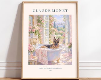 Dog in Bathtub Poster, German Shepherd Wall Art, Monet Style Floral Bathroom Print