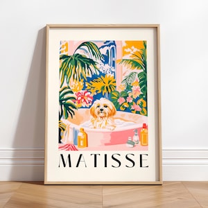 Havanese in bathtub, Funny bathroom vanity poster, Gift for dog lovers, Matisse wall art, Dog art print, Pink dopamine decor