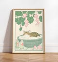 Tabby cat in bathtub, Japanese bathroom decor, Japan art print, Aesthetic wall art, Neutral minimalist poster