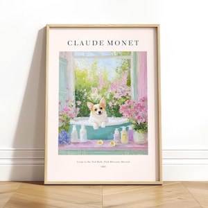 Corgi in una vasca da bagno, stampa di Monet in stile cottagecore chiaro, stampa per bagno in stile country francese, dipinto impressionista, arte murale shabby chic