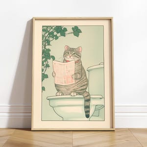 Gatto soriano sul water, Stampa divertente per il bagno, Poster giapponese, Arte murale estetica giapponese, Poster minimalista neutro