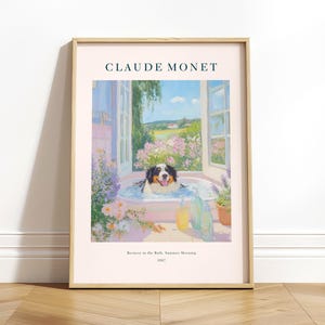 Impresión de perro de montaña bernés, impresión de Monet, arte de pared para baño de estética francesa, póster de moda de ensueño, arte de pared en tonos pastel suaves, impresión de mediados de siglo