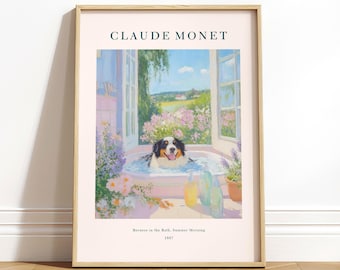 Bernese Mountain Dog Art Print: Monet Style Floral Bathroom Poster