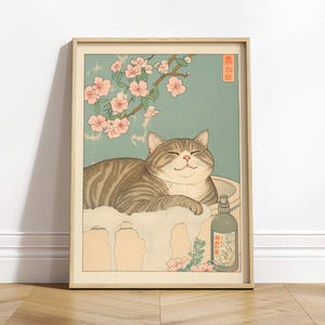 Japanese Ukiyo-e Cat Print: Tabby Cat in Bathtub, Japandi Bathroom Art