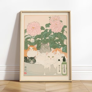 Ukiyo-e Cats Print: Japanese Bathroom Art, Minimalist Decor