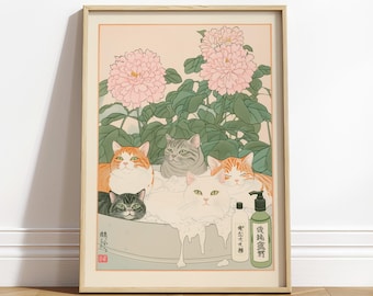 Print Ukiyo-e Cats: Japanse badkamerkunst, minimalistisch decor
