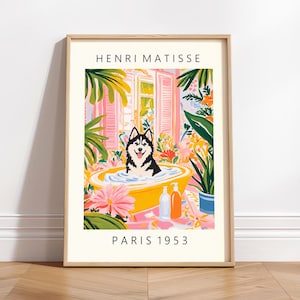 Black & White Siberian Husky Washroom Print: Quirky Matisse Inspired Dog Art
