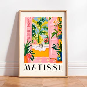 Gatto soriano grigio nella vasca da bagno, Arte murale rosa per il bagno, Arte moderna di metà secolo, Stampa d'arte di Matisse, Divertente decorazione con effetto dopamina