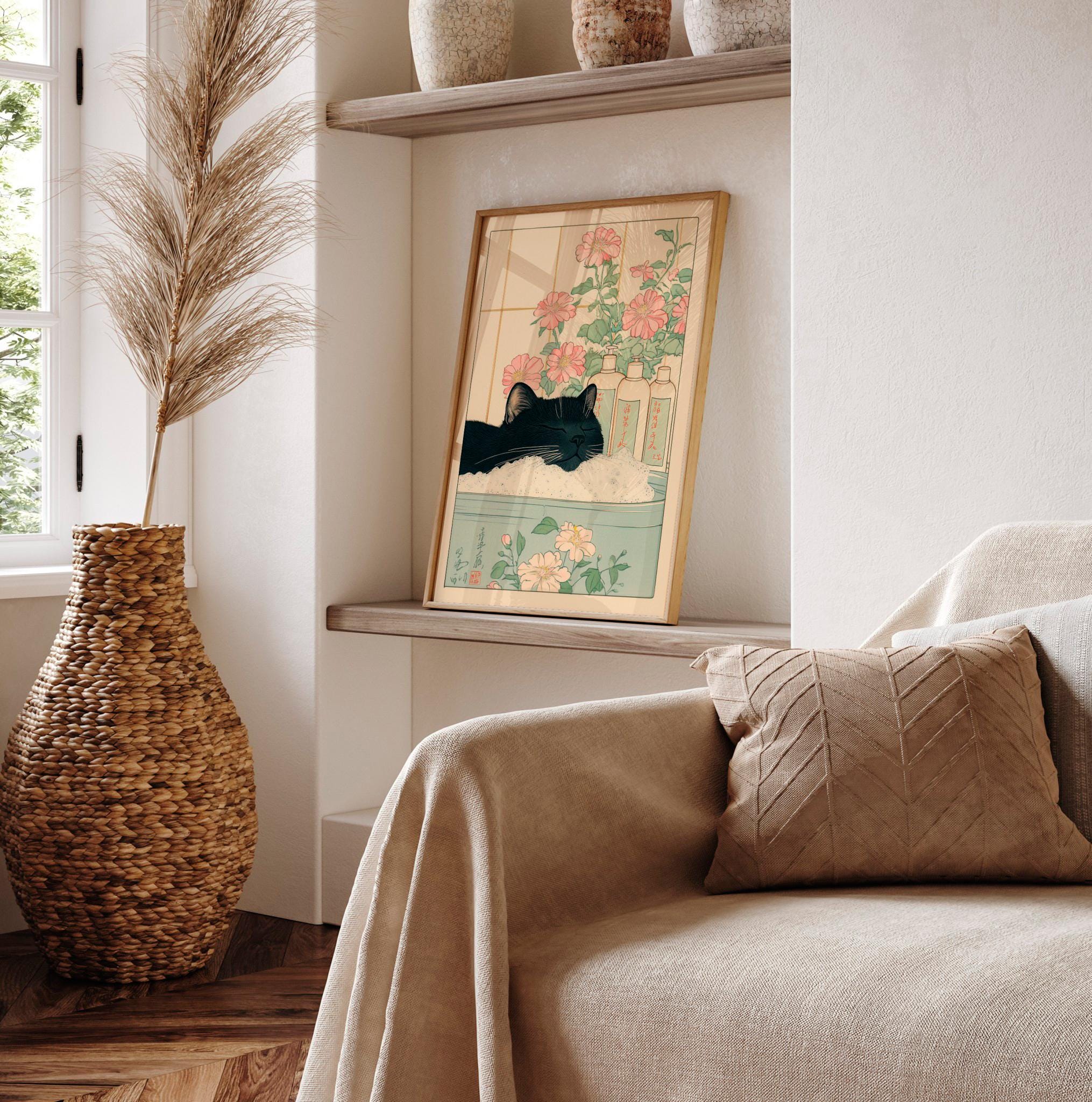 Black Cat in Bathtub: Japanese Bathroom Print, Minimalist Wall Art - Etsy