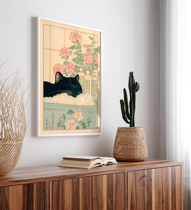 Black Cat in Bathtub: Japanese Bathroom Print, Minimalist Wall Art - Etsy