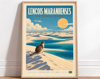 Lencois Maranhenses Wall Art – 1970s Travel Poster, mountain landscape, Cat Print