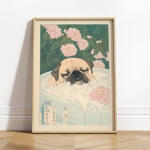 Pug relajándose en un baño, impresión de baño kawaii, regalo para amantes de los perros, póster estético ukiyo-e de Japandi, decoración de pared japonesa minimalista