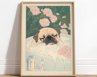 Pug Bathroom Print: Kawaii Japandi Ukiyo-e Dog Art