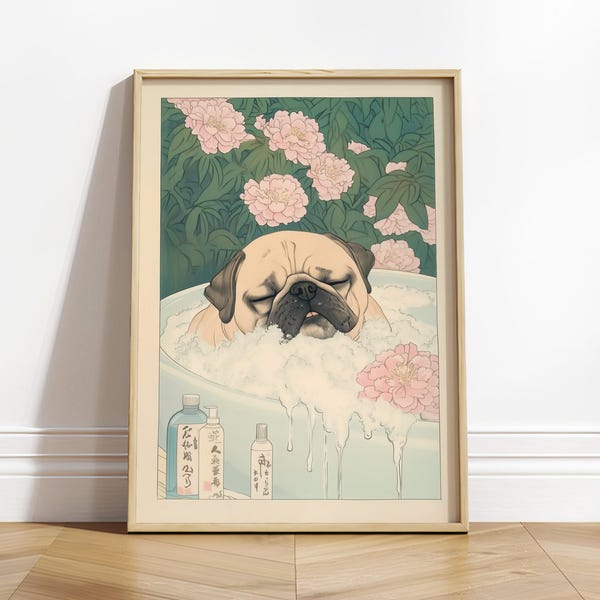 Pug Bathroom Print: Kawaii Japandi Ukiyo-e Dog Art