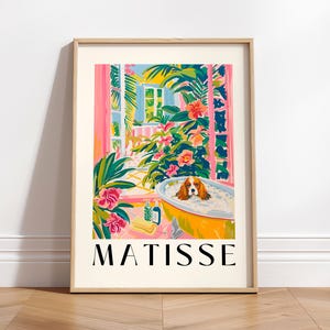 Cavalier King Charles Spaniel nella vasca da bagno, Divertente stampa artistica da bagno, Regalo per gli amanti dei cani, Stampa artistica con cane, Arte murale di Matisse