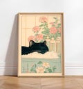 Black cat in a bathtub, Japanese bathroom wall art, Relaxation poster, Japan cat wall art, Aesthetic minimalism, Neutral Japandi print