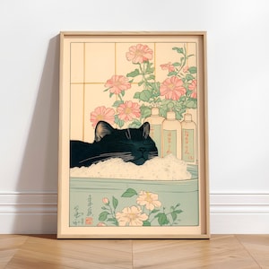 Gatto nero in una vasca da bagno, arte murale giapponese per il bagno, poster di relax, arte murale giapponese con gatto, minimalismo estetico, stampa Japandi neutra