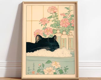 Black cat in a bathtub, Japanese bathroom wall art, Relaxation poster, Japan cat wall art, Aesthetic minimalism, Neutral Japandi print
