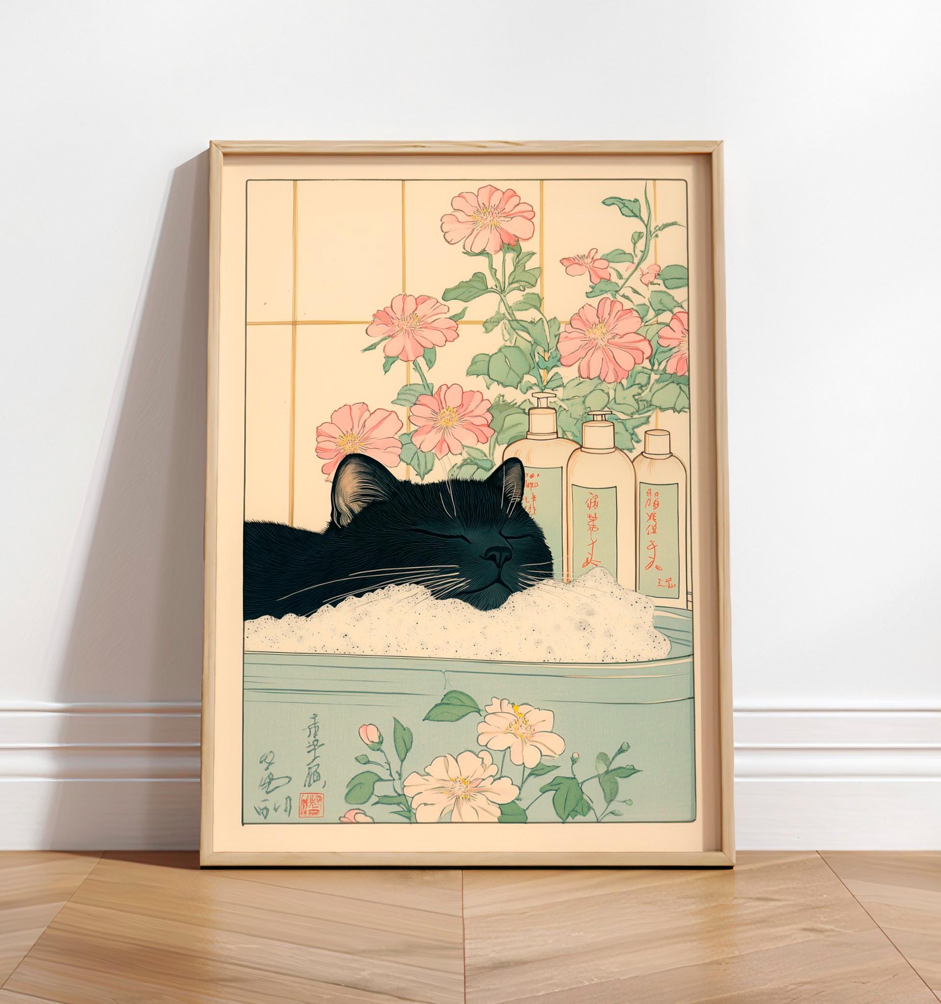 Black Cat in Bathtub: Japanese Bathroom Print, Minimalist Wall Art - Etsy