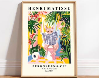 Sphynx Cat on Toilet Wall Art: Funny Matisse Style Bathroom Print