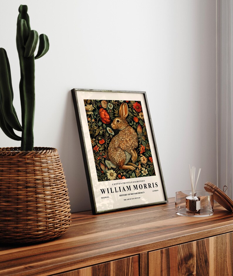 Rabbit Art Print: William Morris Style Dark Botanical Wall Decor - Etsy