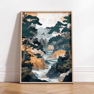 Ästhetischer japanischer Waldfluss Druck, grüne und blaue Wandkunst, Landschaftsmalerei, Japandi Kunstdruck