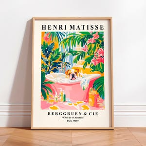 Bouledogue anglais dans la baignoire, art mural drôle de salle de bain, décor de dopamine, affiche de chien, art d'Henri Matisse, décoration tropicale, affiche maximaliste