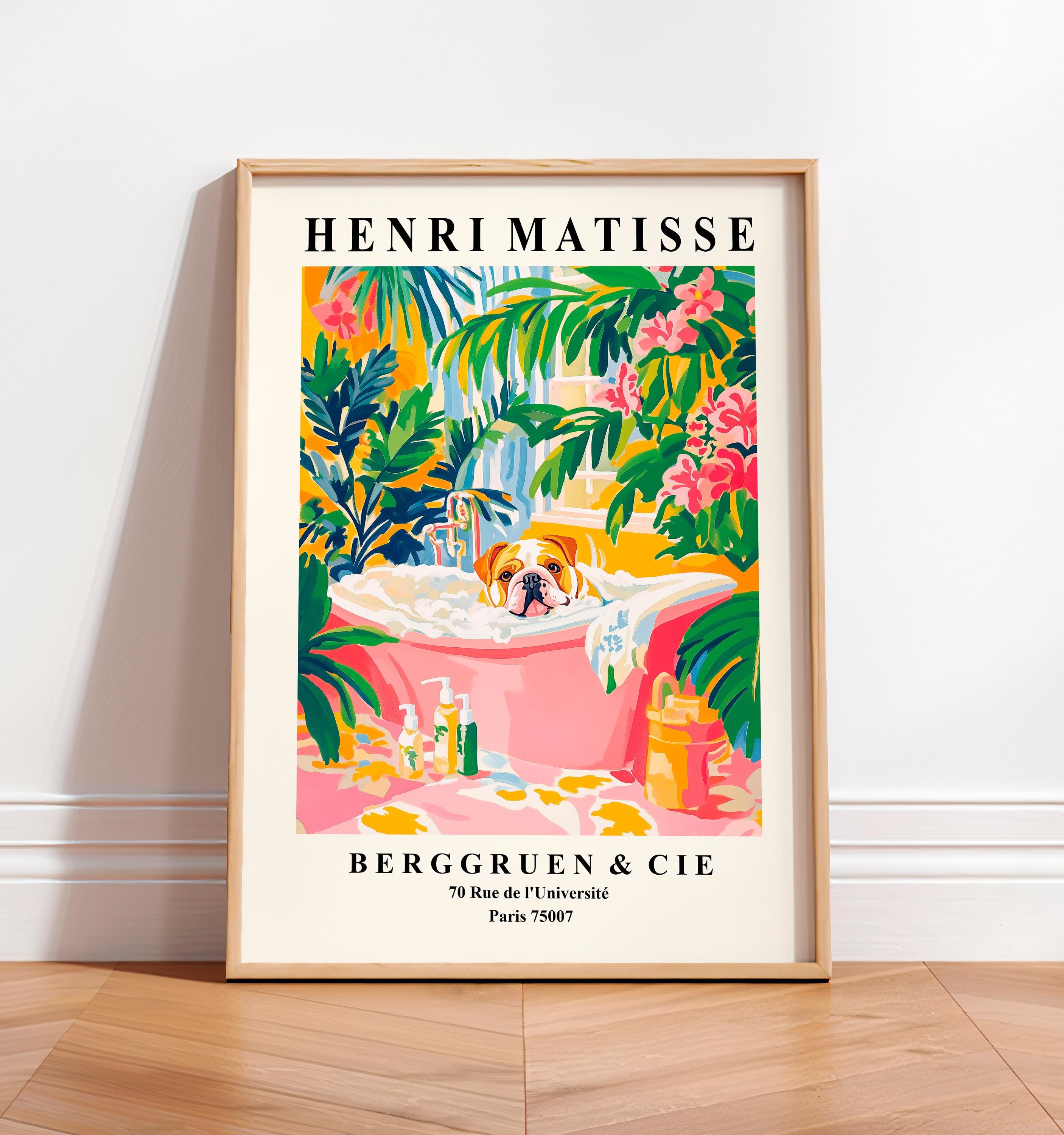 English Bulldog in bathtub, Funny bathroom wall art, Dopamine decor, Dog poster, Henri Matisse art, Tropical decor, Maximalist poster