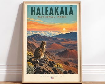 Haleakala National Park Print – Retro volcanic landscape Travel Art, Cat Poster