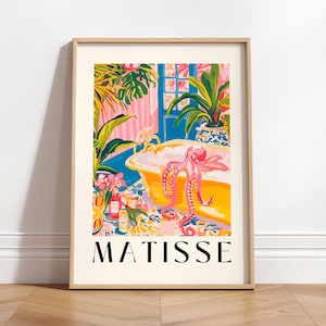Impression d'art drôle de pieuvre, art mural maximalisme, art d'Henri Matisse, impression tropicale rose, affiche nautique, impression de baleine, décoration de salle de bain