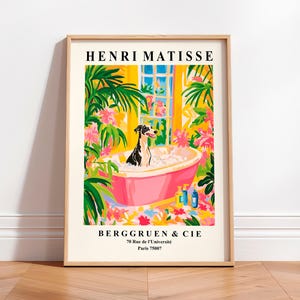 Lévrier dans la baignoire, décoration de salle de bain amusante, impression d'art chien Henri Matisse, décoration dopamine, art mural maximaliste, affiche rose