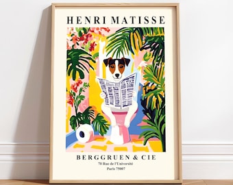 Jack Russell Terrier op een toilet-print - badkamermuurkunst in Matisse-stijl