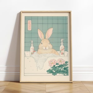 Simpatico coniglietto nella vasca da bagno, poster divertente, arte da bagno Ukiyo-e, stampa di coniglio, poster estetico giapponese, opera d'arte rilassante neutra, graziosa decorazione da parete
