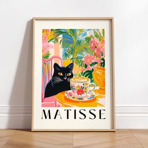 Gato negro tomando café, Póster divertido de cocina con impresión de espresso, Impresión artística de gato, Impresión de Henri Matisse, Decoración estética para el comedor.