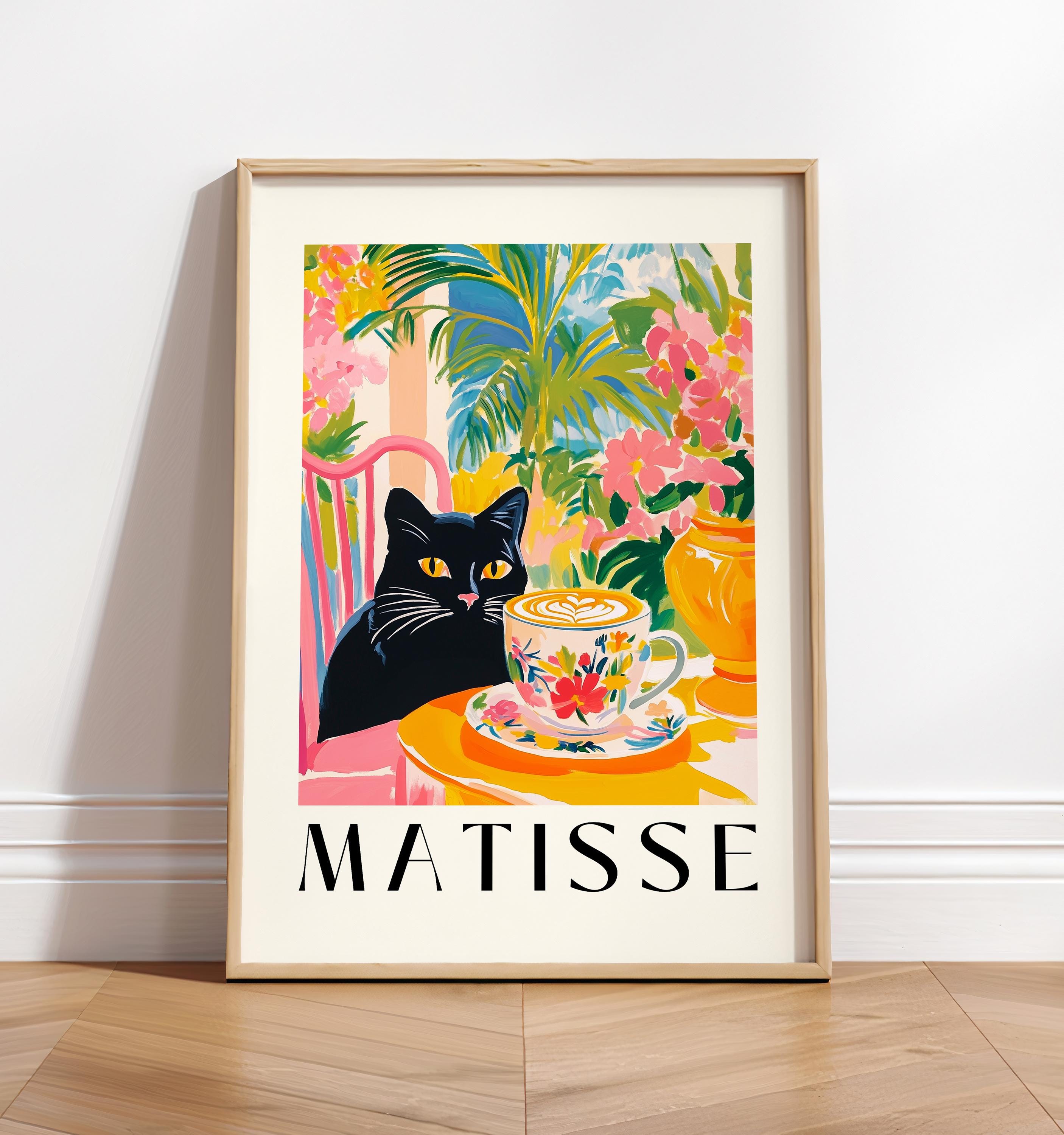 コーヒーを飲む黒猫：マティス風の愉快なキッチンアートプリント