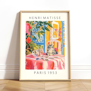 Lecture de tarot de chat clairvoyant, impression mystique, affiche d'Henri Matisse, art mural diseur de bonne aventure, décor de dopamine rose
