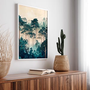 May include: A framed print of a forest scene with tall, dark green trees and a light blue sky. The trees are arranged in a staggered pattern, creating a sense of depth and perspective. The print is framed in a white frame and is hanging on a white wall.