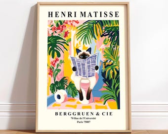 Siamesisk katt på toaletten Konsttryck: Rolig väggkonst i badrum i Matisse-stil