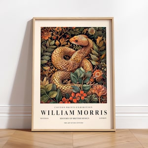Florales Cottagecore Dekor, William Morris Druck, Schlangen Kunst, modernes Ausstellungsplakat der Mitte des Jahrhunderts, dunkle botanische Wandkunst