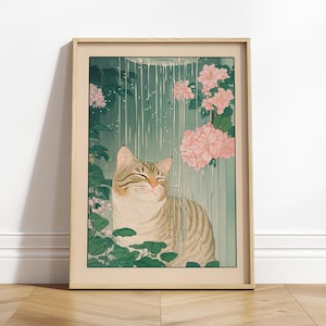 Gatto soriano sotto la doccia, Arte murale per il bagno, Stampa di gatto, Arte murale botanica, Decorazione Japandi, Stampa artistica estetica di animali