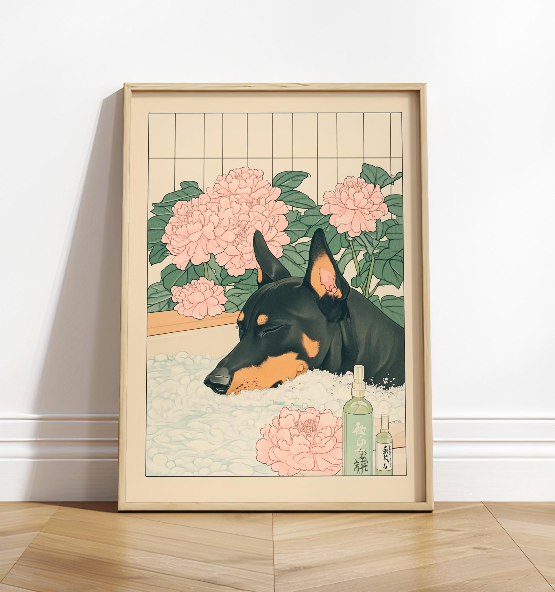 日本のドーベルマンのバスルームプリント：浮世絵風の犬アート - Etsy 日本